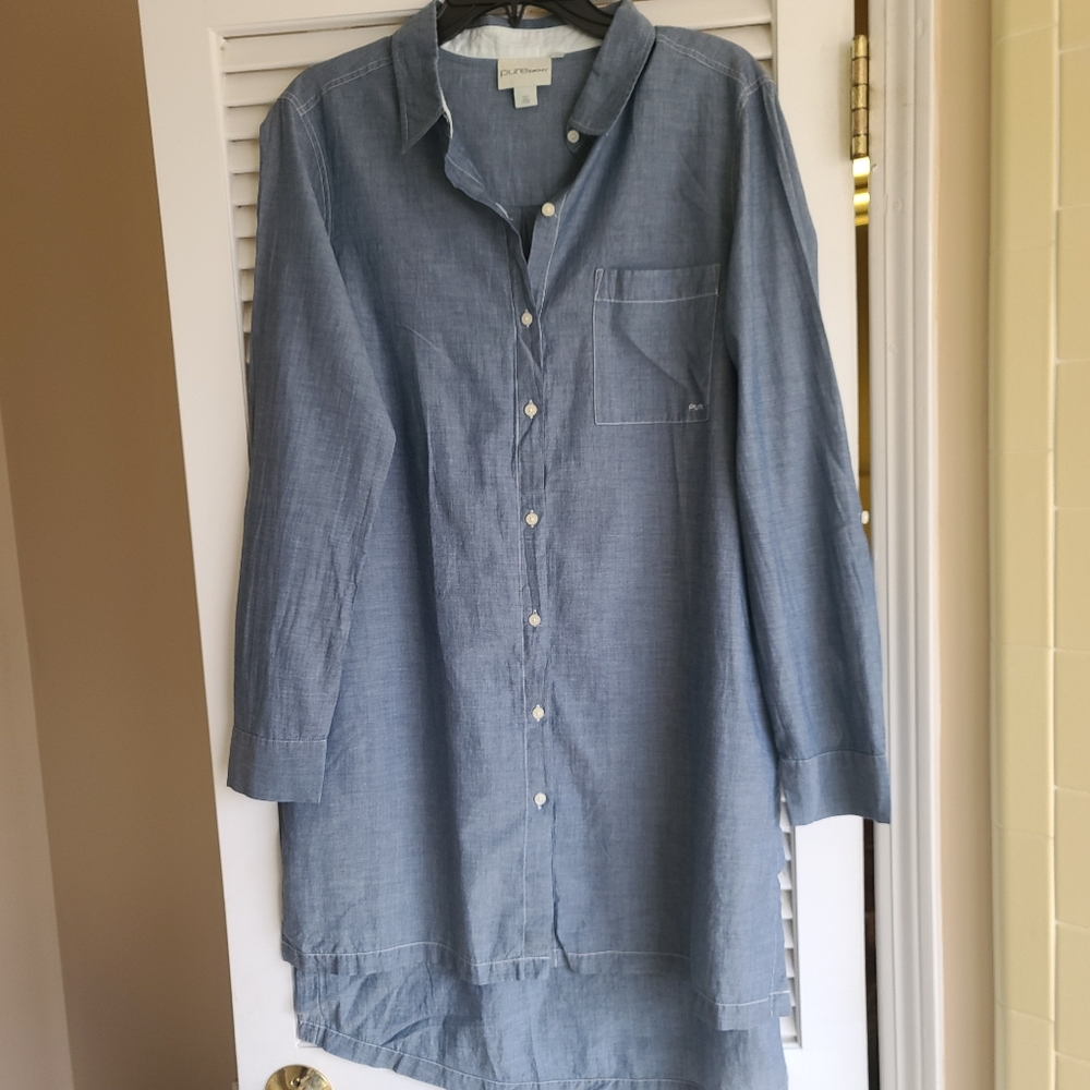 Pure Dkny Chambray Button Down Collared Long Sleeve Shirt Dress Size Medium